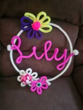 Handmade Pink 'Lily' Yarn And Wire Name Wreath. with Hand Made  Flower Accents.